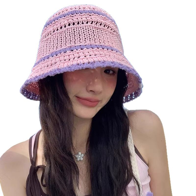 Chapeau seau en paille tissée assorti pour femmes