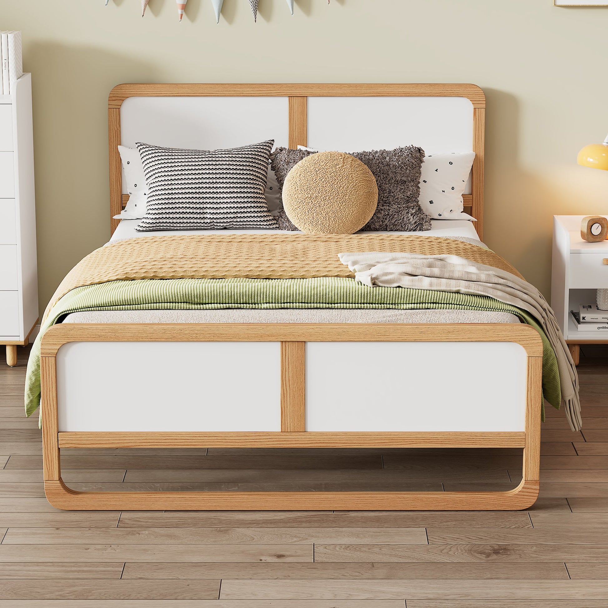 Modern Style Queen Size Solid Wood Platform Bed for Kids, Teens, Adults, No Need Box Spring, Walnut and White - Korvel