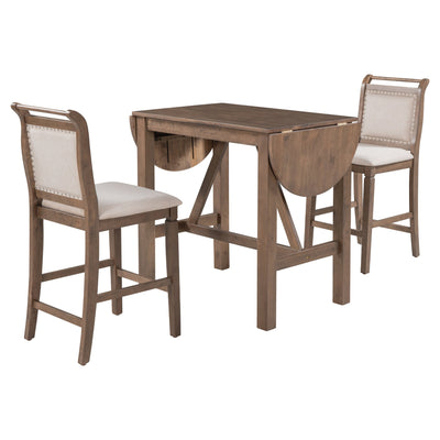 TOPMAX 3-Piece Wood Counter Height Drop Leaf Dining Table Set with 2 Upholstered Dining Chairs for Small Place, Brown - Korvel