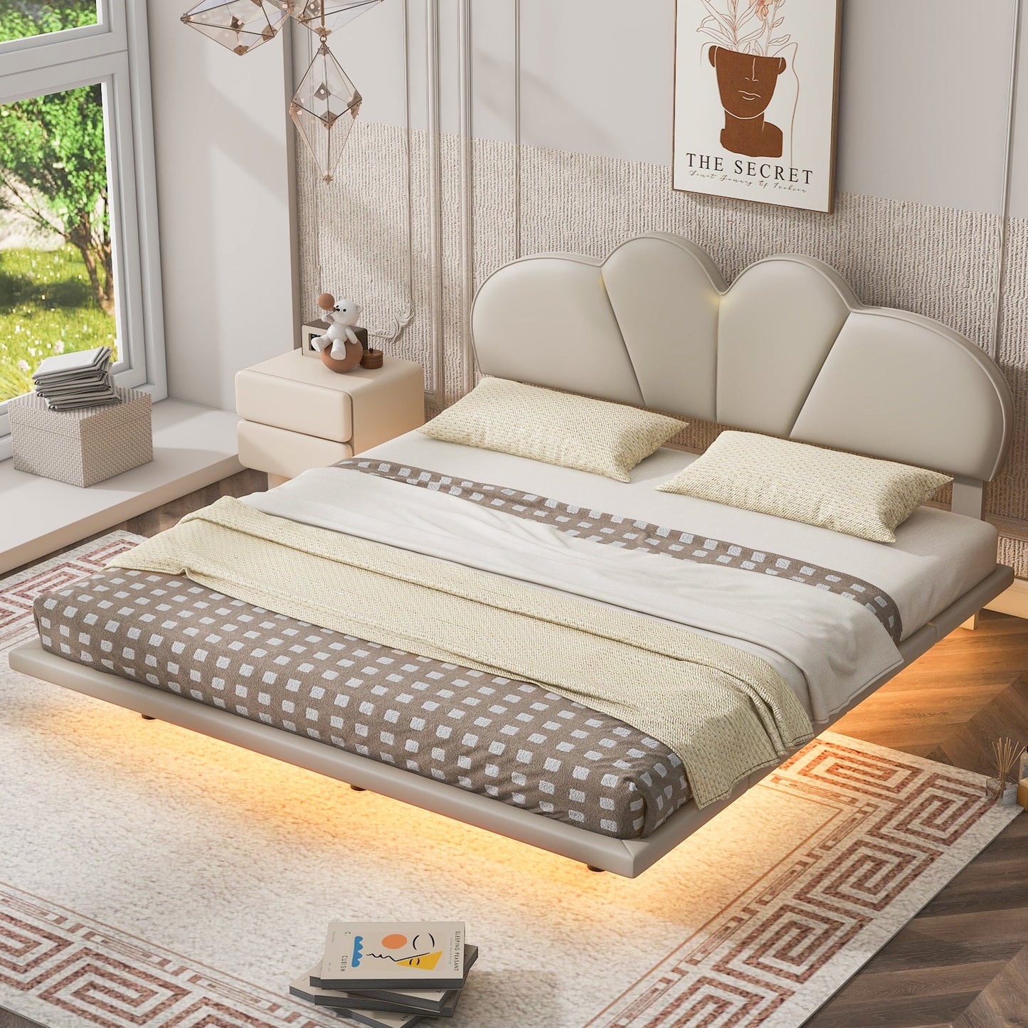 Queen Size Upholstery LED Floating Bed with PU Leather Headboard and Support Legs,Beige - Korvel