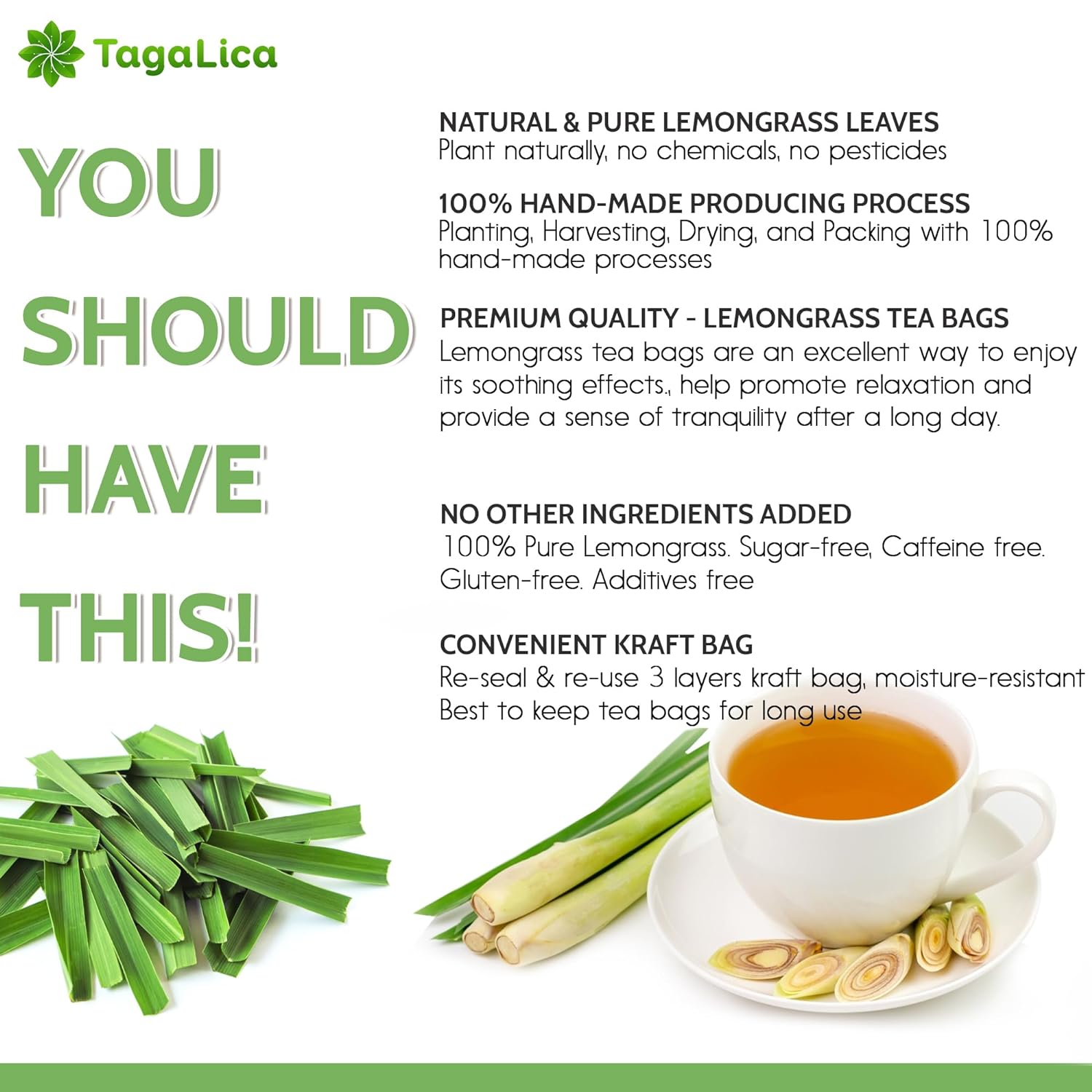 Lemongrass Tea Bags, 100% Natural & Pure Lemongrass leaves, Eco-Conscious Tea Bags, Lemongrass Herbal Tea. Lemongrass Leaf Tea. No Sugar, No Caffeine, No Gluten, Vegan. - Korvel