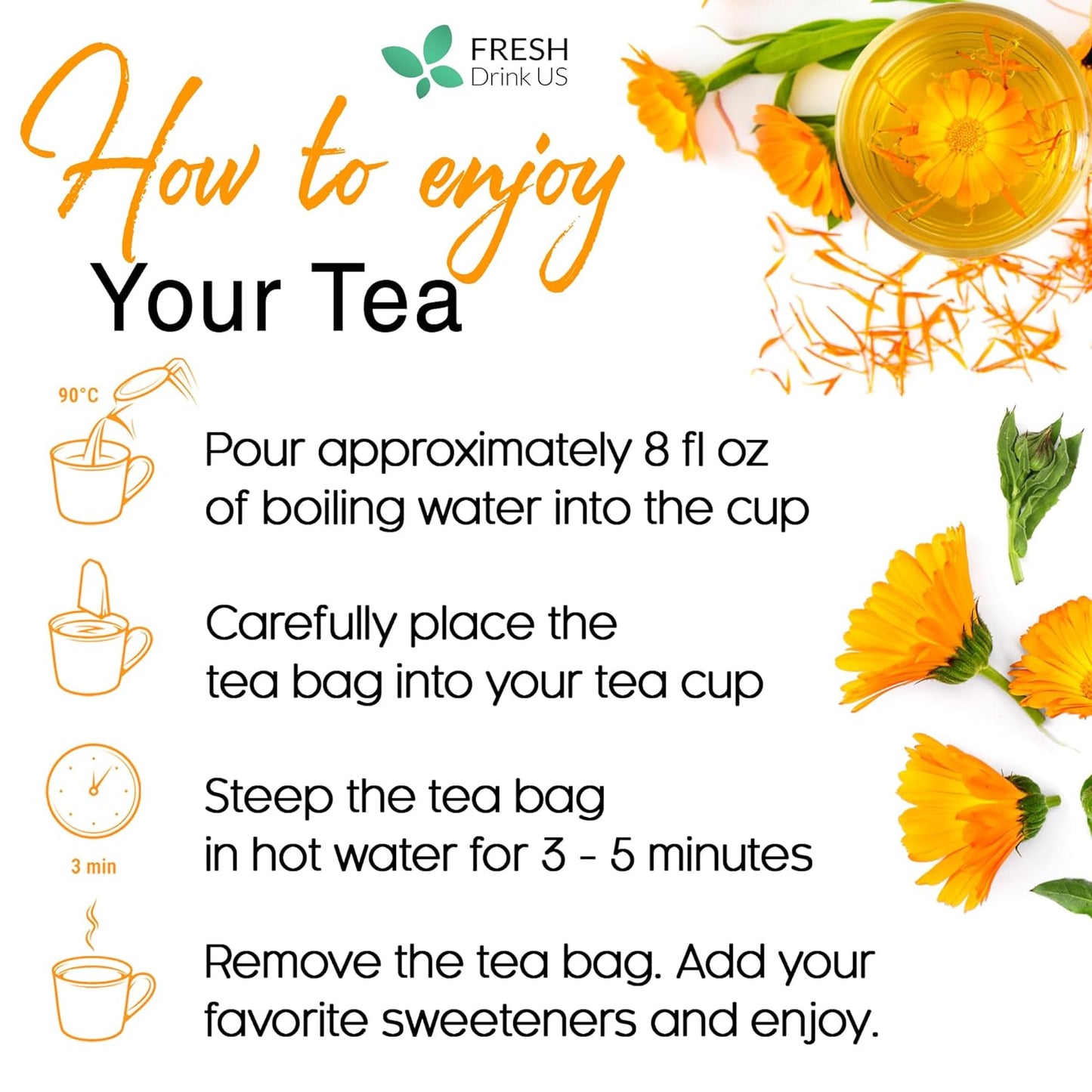 Bolsitas de té de caléndula, flores de caléndula 100 % naturales y puras, ecológicas. Infusión de caléndula. Sin azúcar, sin cafeína, sin gluten, vegana. 