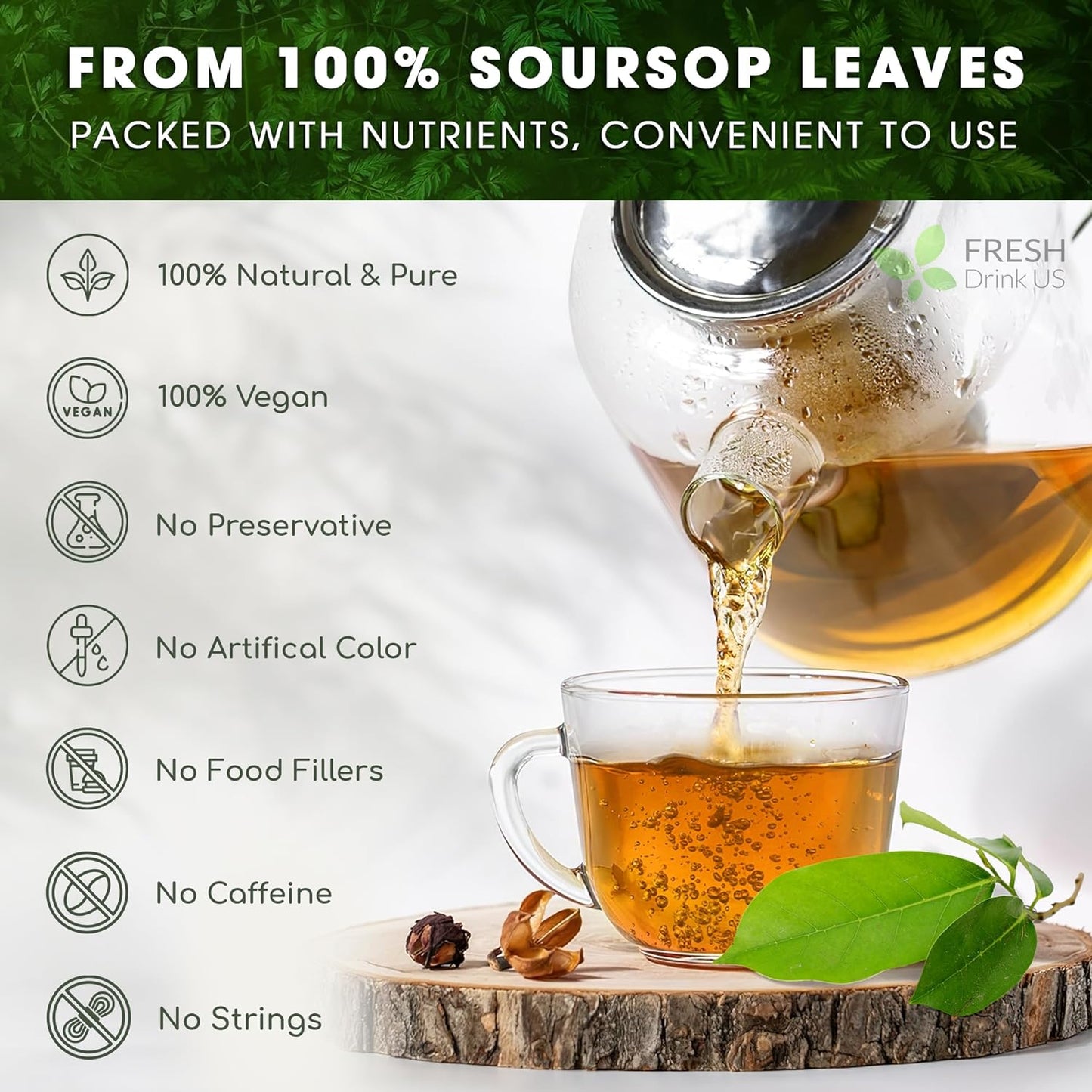 Bolsitas de té de hojas de guanábana premium, hojas de guanábana secas, polvo de hojas de guanábana, té de hojas de guanábana, té de hoja guanábana