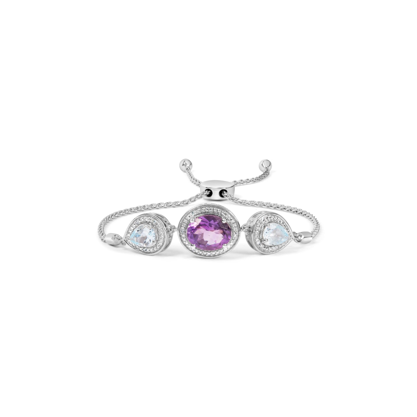 .925 Sterling Silver Amethyst & Blue Topaz Lariat Bolo Bracelet
