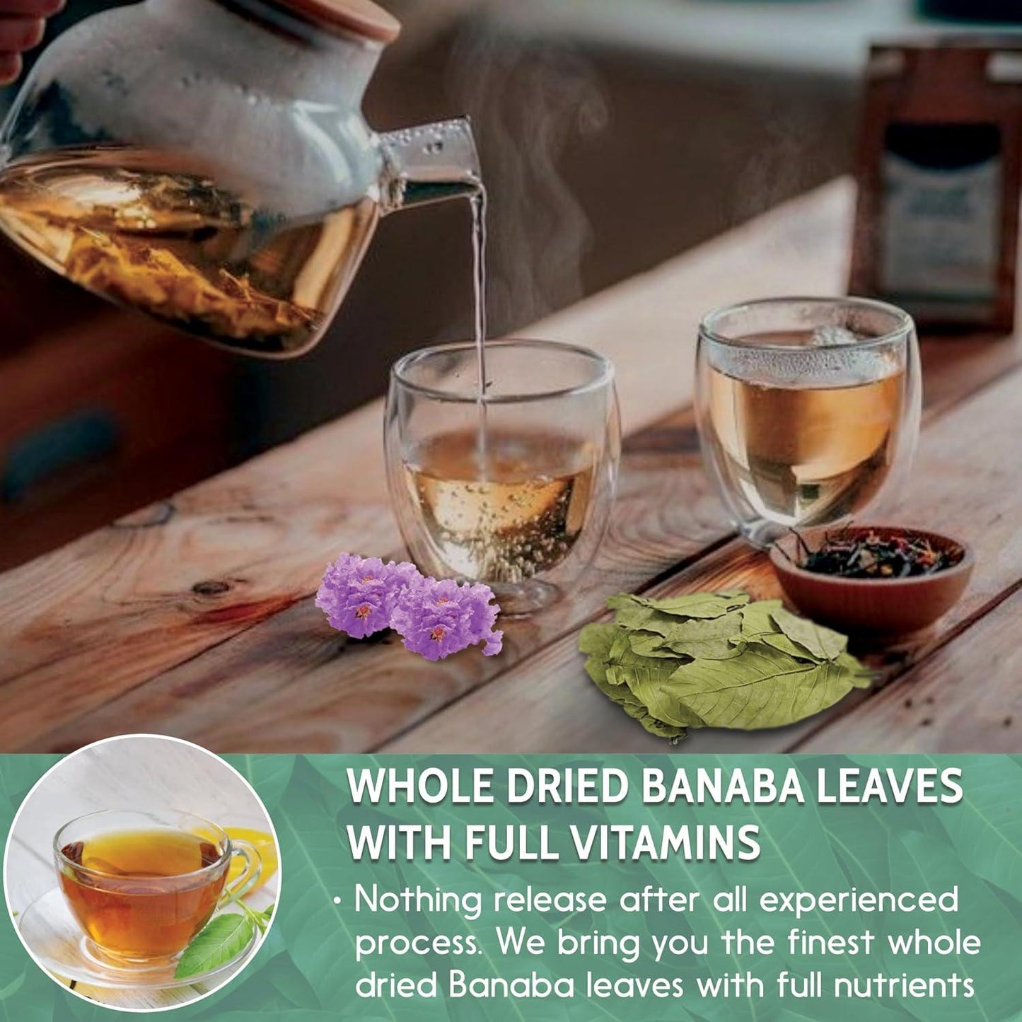Hojas de banaba secas naturales, bolsitas de té, en polvo, hojas de banaba enteras, hojas de banaba secas 100 % puras, té de hojas de banaba, sin aditivos, sin cafeína, vegano 