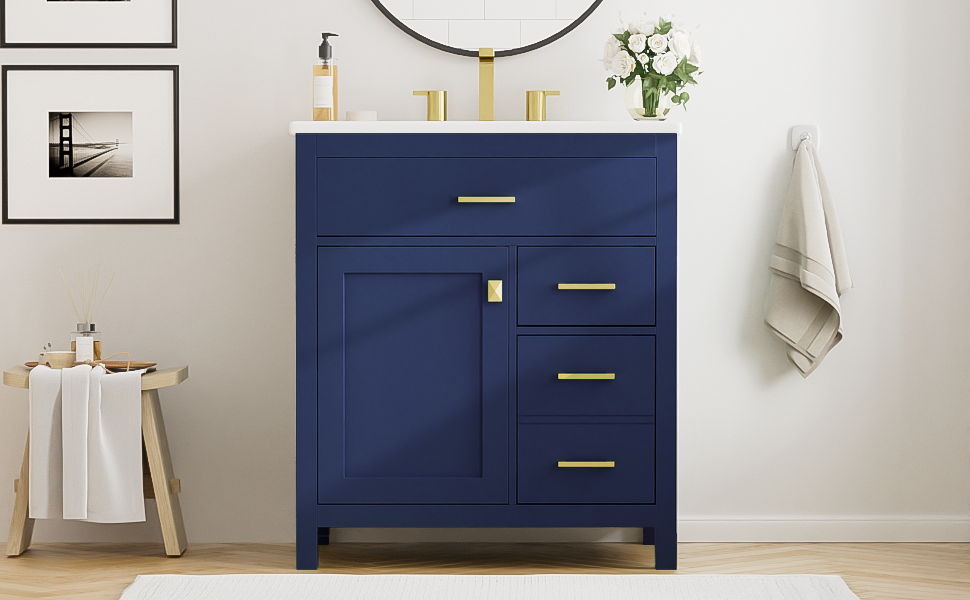 30-Inch Blue Bathroom Vanity with Ceramic Sink and Ample Storage - Ideal Choice for Small Bathrooms - Korvel