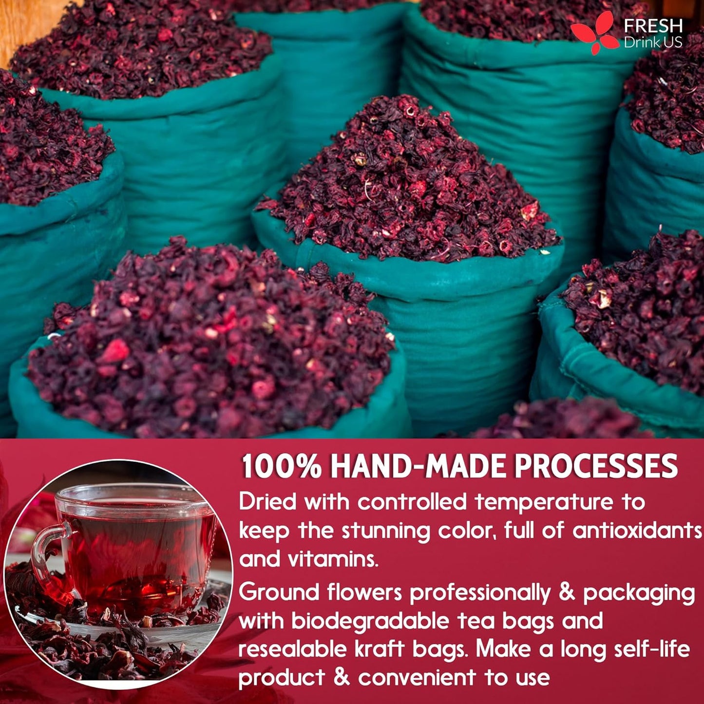 Hibiscus Dried Flowers, Tea Bags, 100% Natural, Pure from Hibiscus Flowers. Loose Flower Hibiscus Herbal Tea. Hibiscus Flower Tea. No Sugar, No Caffeine, No Gluten, Vegan. - Korvel