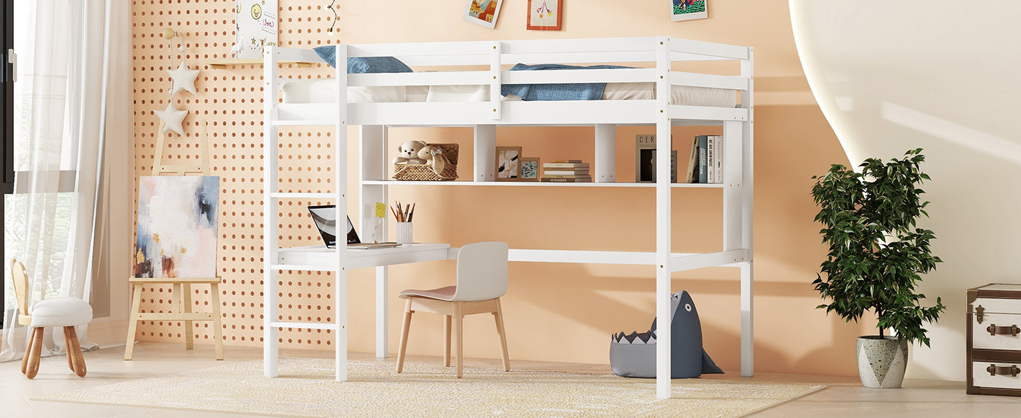 Twin Loft Bed with built-in desk and bookcase of three compartments, Guardrails and Ladder,White - Korvel