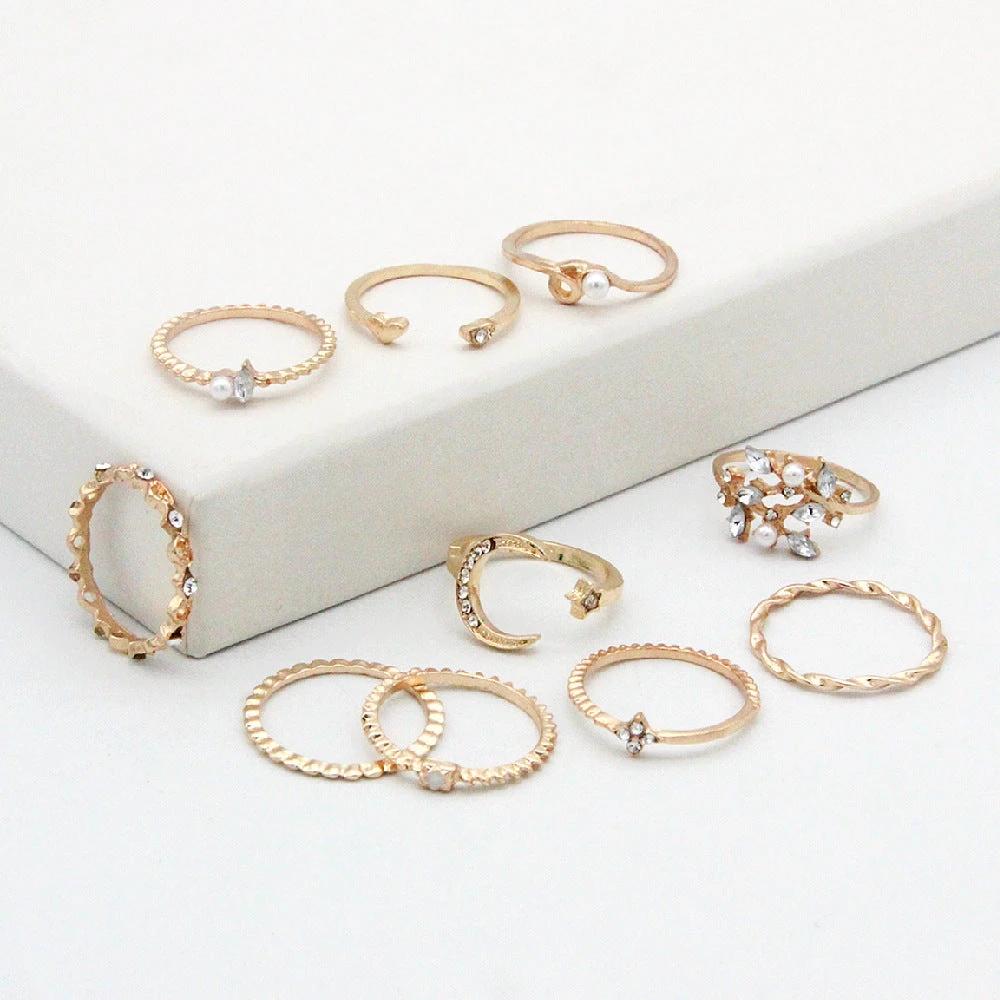 Conjunto de Anillos Mandotos Bohemio Estrella Luna Perla Hoja de 10 Piezas