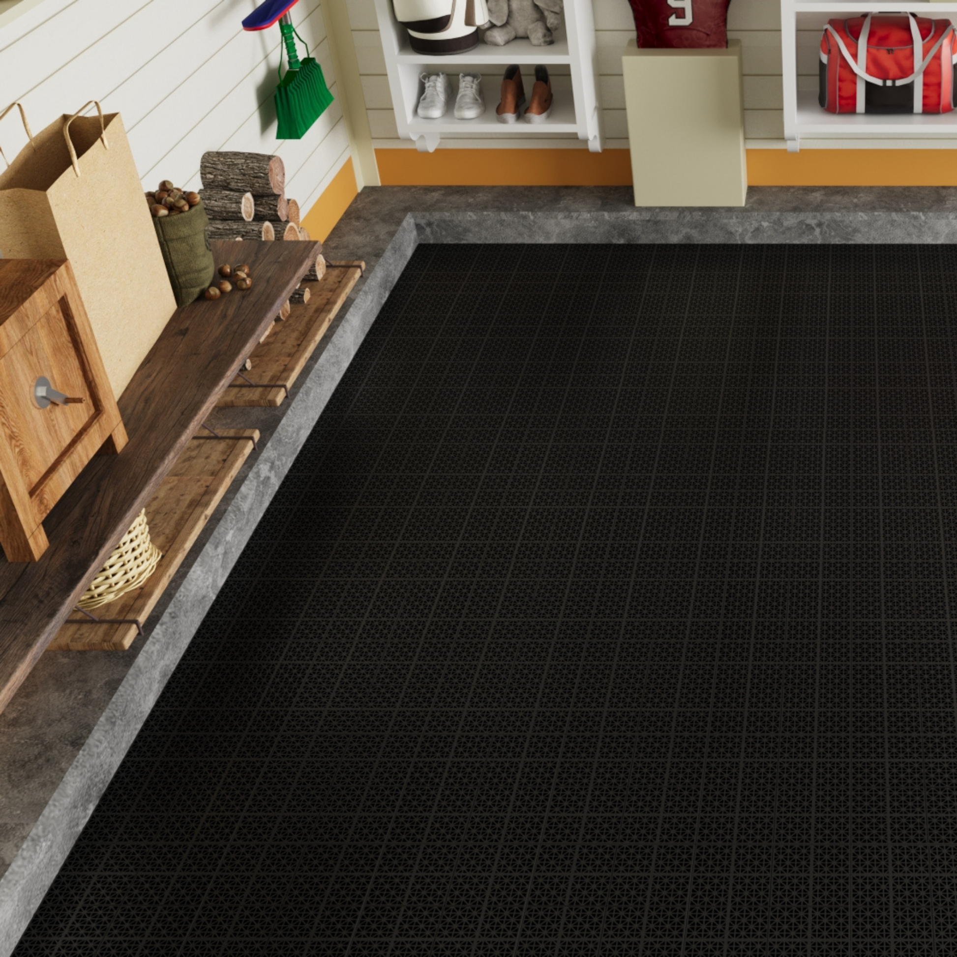 12 x 12 inch black interlocking deck tiles, plastic waterproof, weighing up to 6613 pounds, with a rose pattern pack of 12 - Korvel
