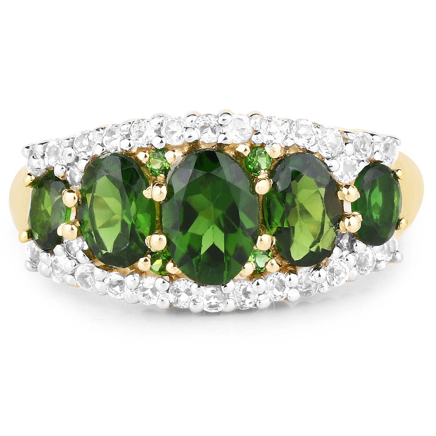 Bague en Chrome Diopside et Topaze Blanche Plaquée Or Jaune 18K de 2,70 Carats
