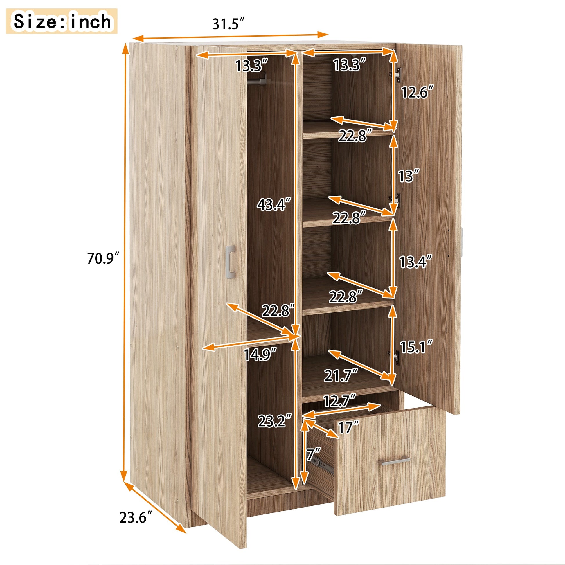 Wooden Wardrobe with Double Doors, Armoire with Hanging Rod, 5 Fixed Shelves, One Storage Drawer,Natural - Korvel