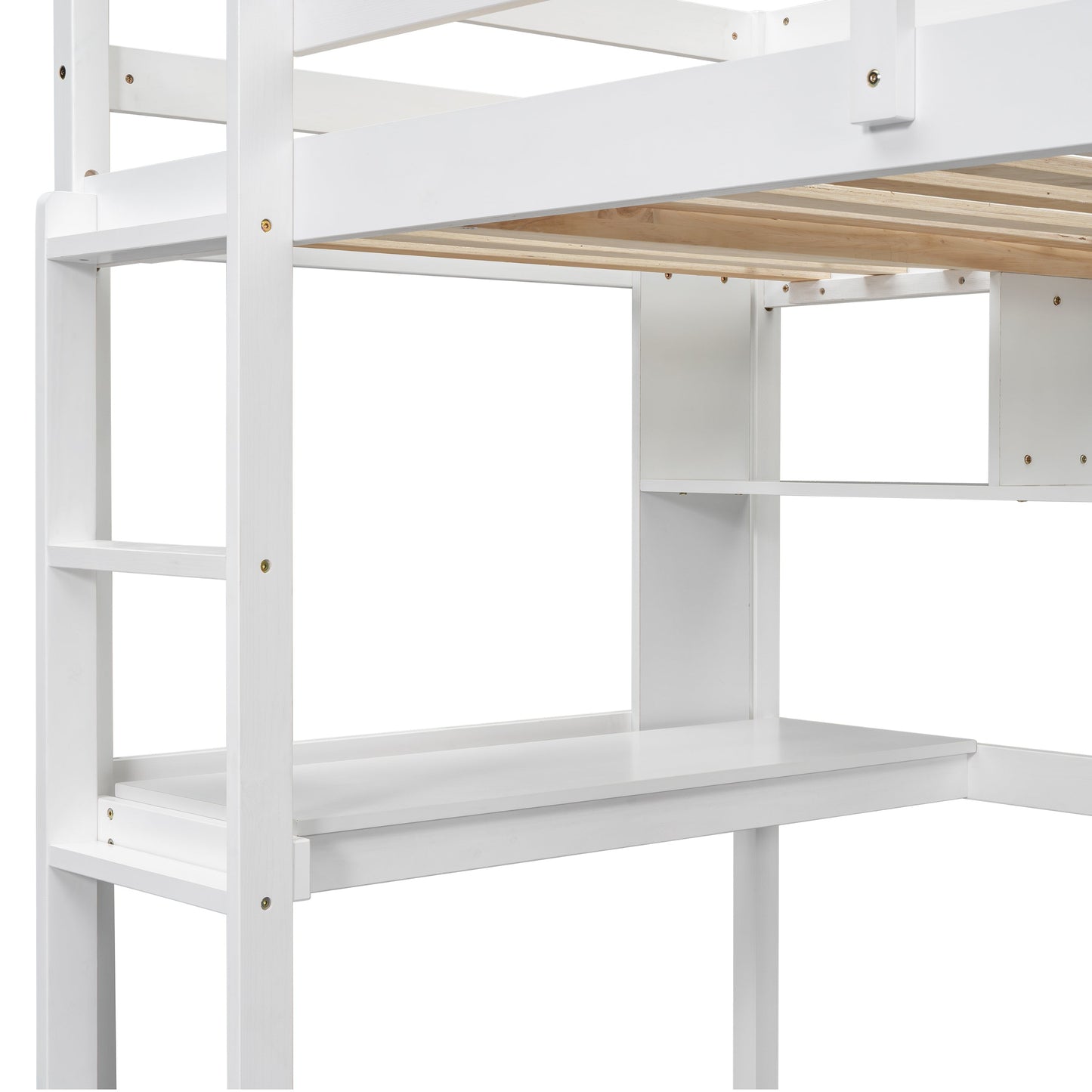 Twin Loft Bed with built-in desk and bookcase of three compartments, Guardrails and Ladder,White - Korvel