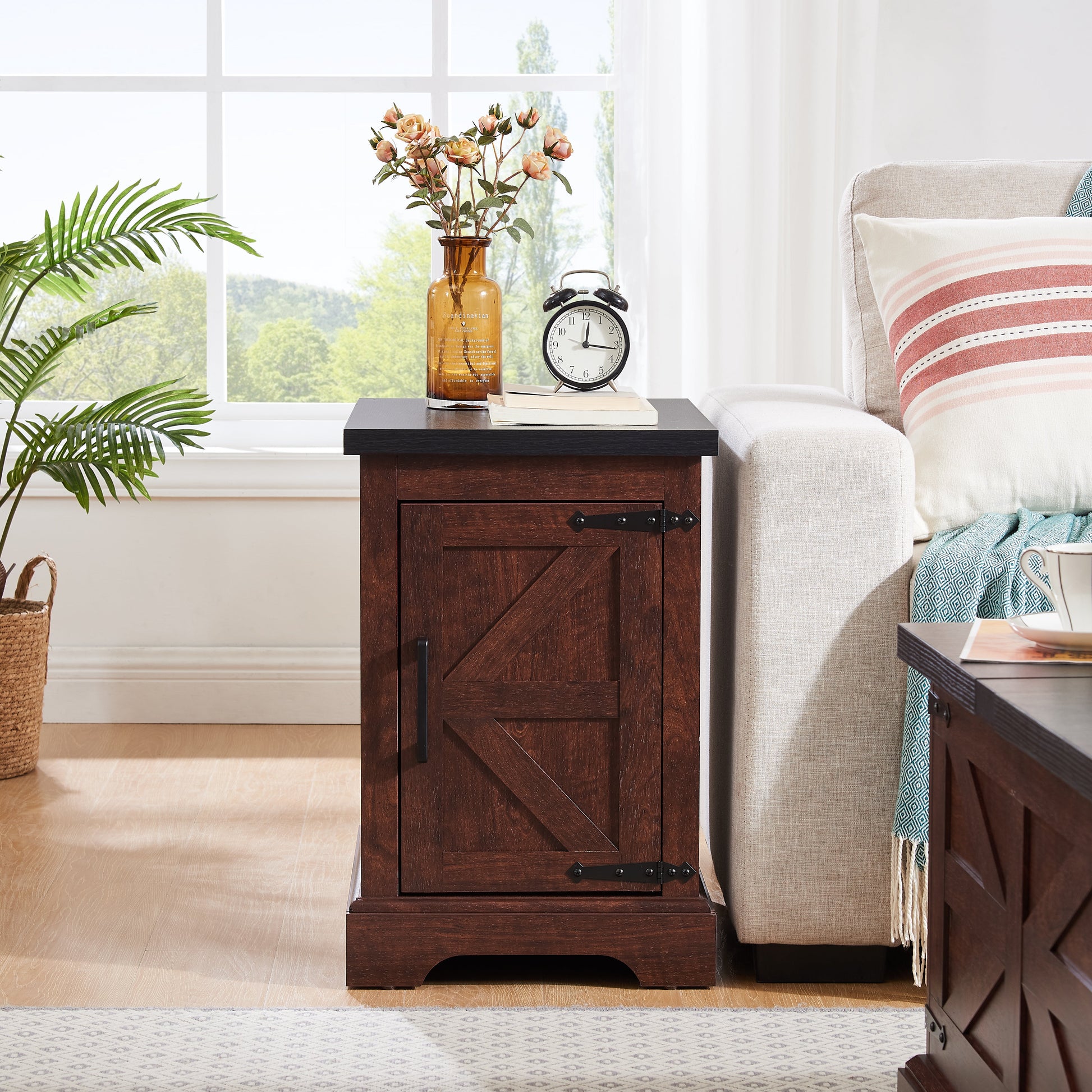 Farmhouse tea table bedside table rectangular farmhouse tea table with barn door and adjustable storage rack OAK - Korvel