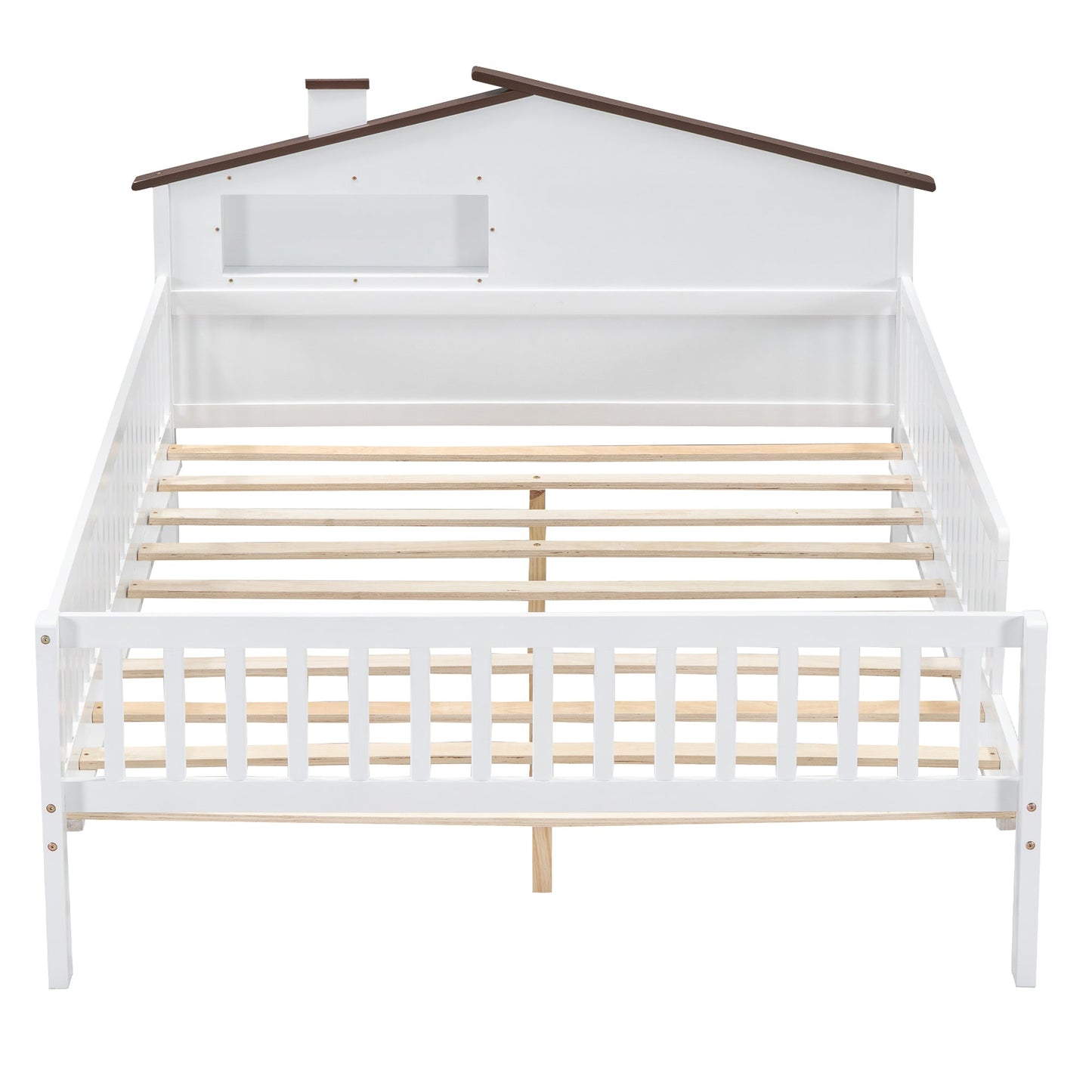 Full Size Wood Platform Bed with House-shaped Headboard, LED and Built-in Storage, White - Korvel