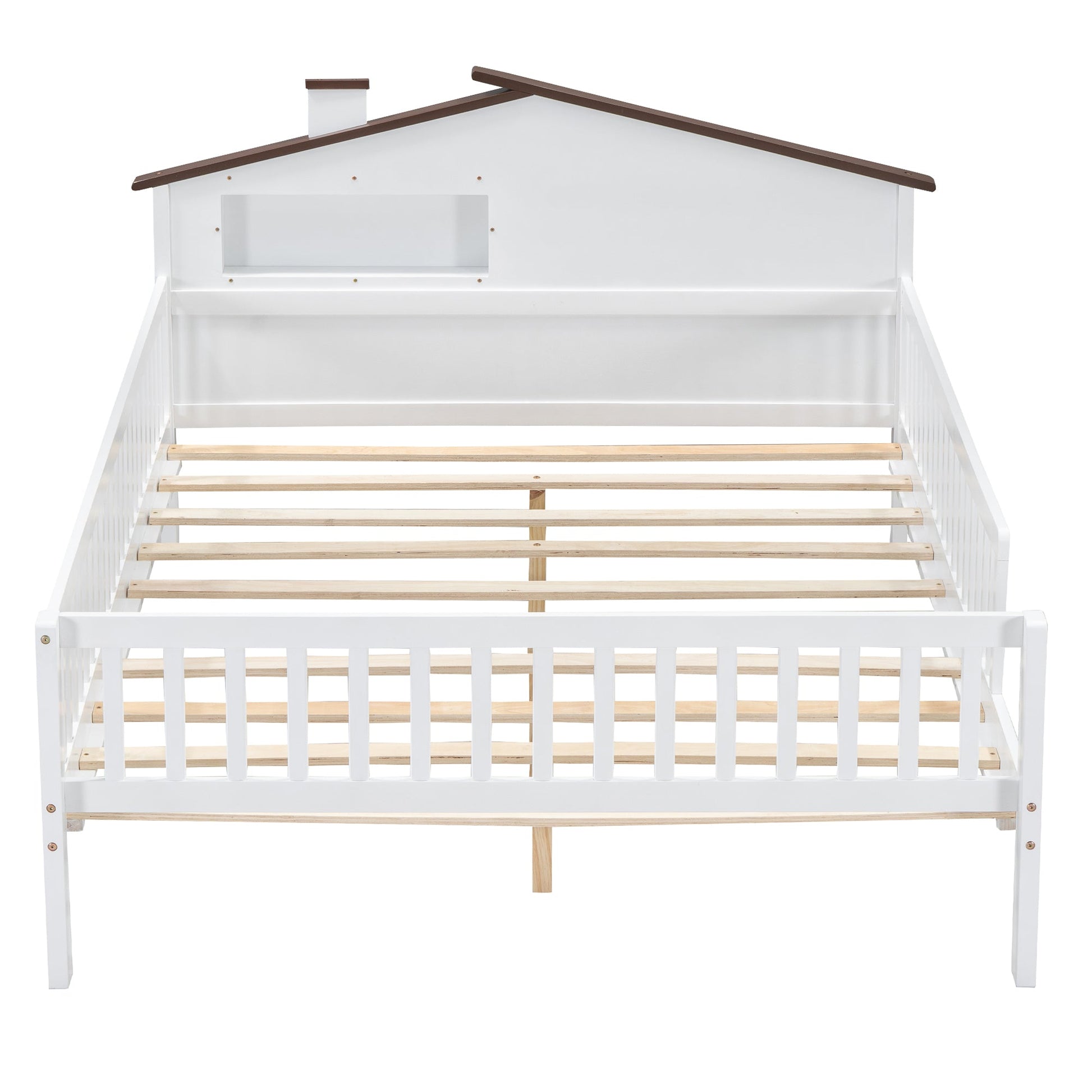 Full Size Wood Platform Bed with House-shaped Headboard, LED and Built-in Storage, White - Korvel