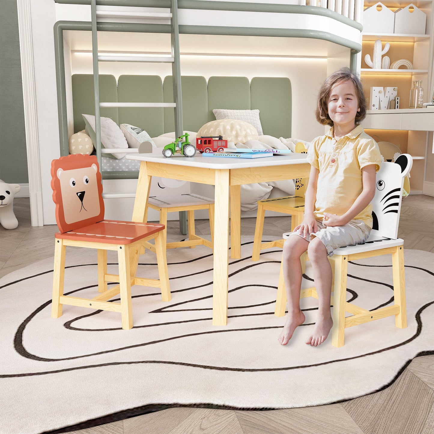Juego de Mesa y Sillas para Niños de 5 Piezas - Mesa de Madera para Niños con 4 Sillas de Dibujos An