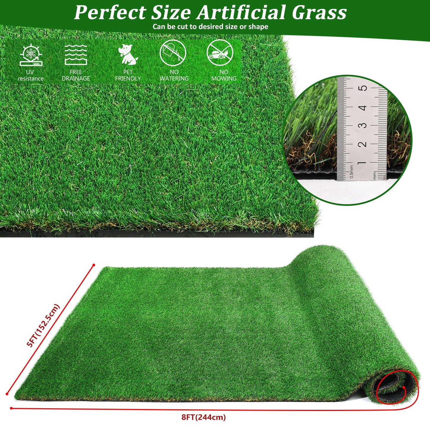 Alfombra de Césped Artificial Exterior de 5FT x 8FT - Gruesa y Realista