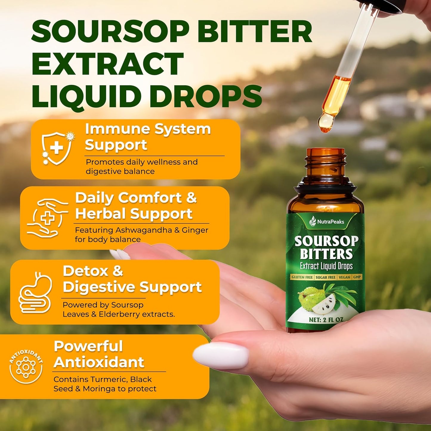 Soursop Bitters Liquid Drops – Premium Herbal Blend with Soursop Leaves, Black Seed, Moringa, Ashwagandha, Senna, Goat Weed & Ginger, 2 fl oz - Korvel