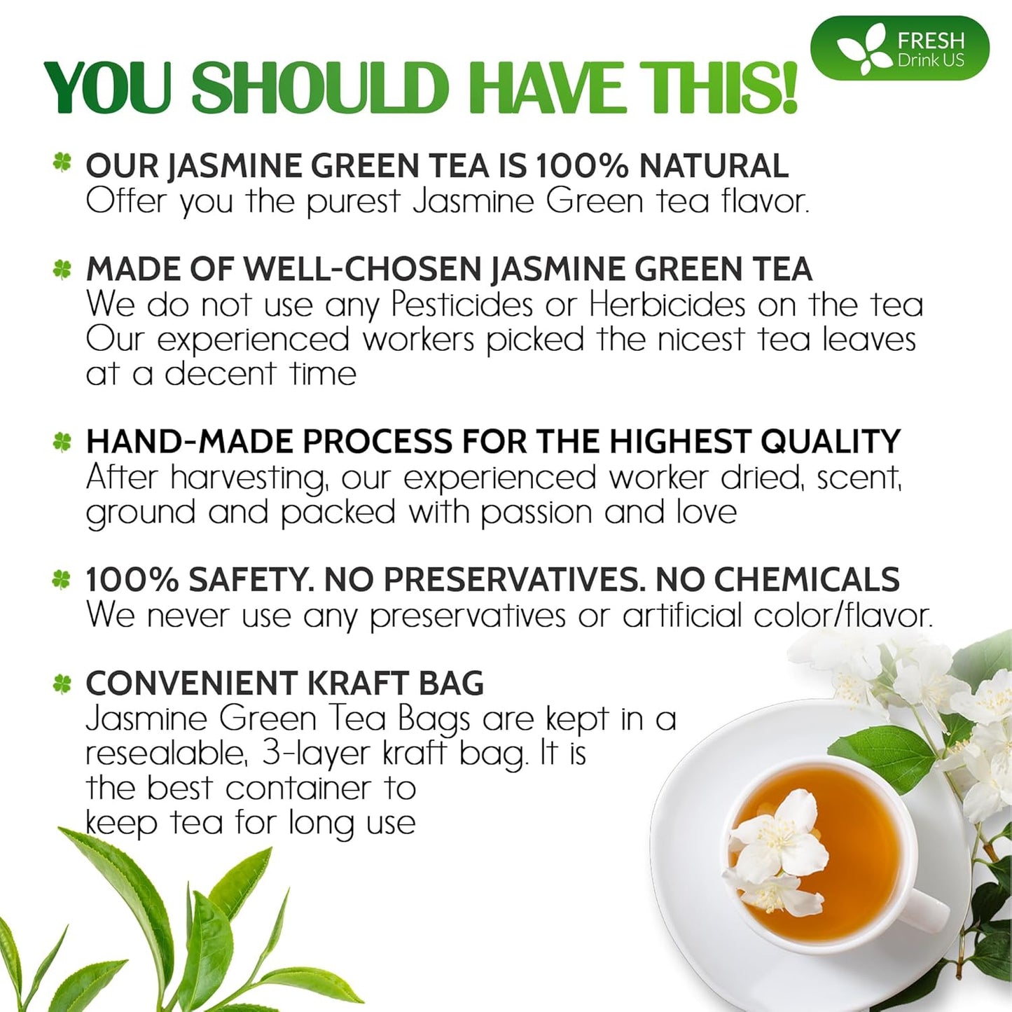 Premium Jasmine Green Tea Bags - Natural & Vegan