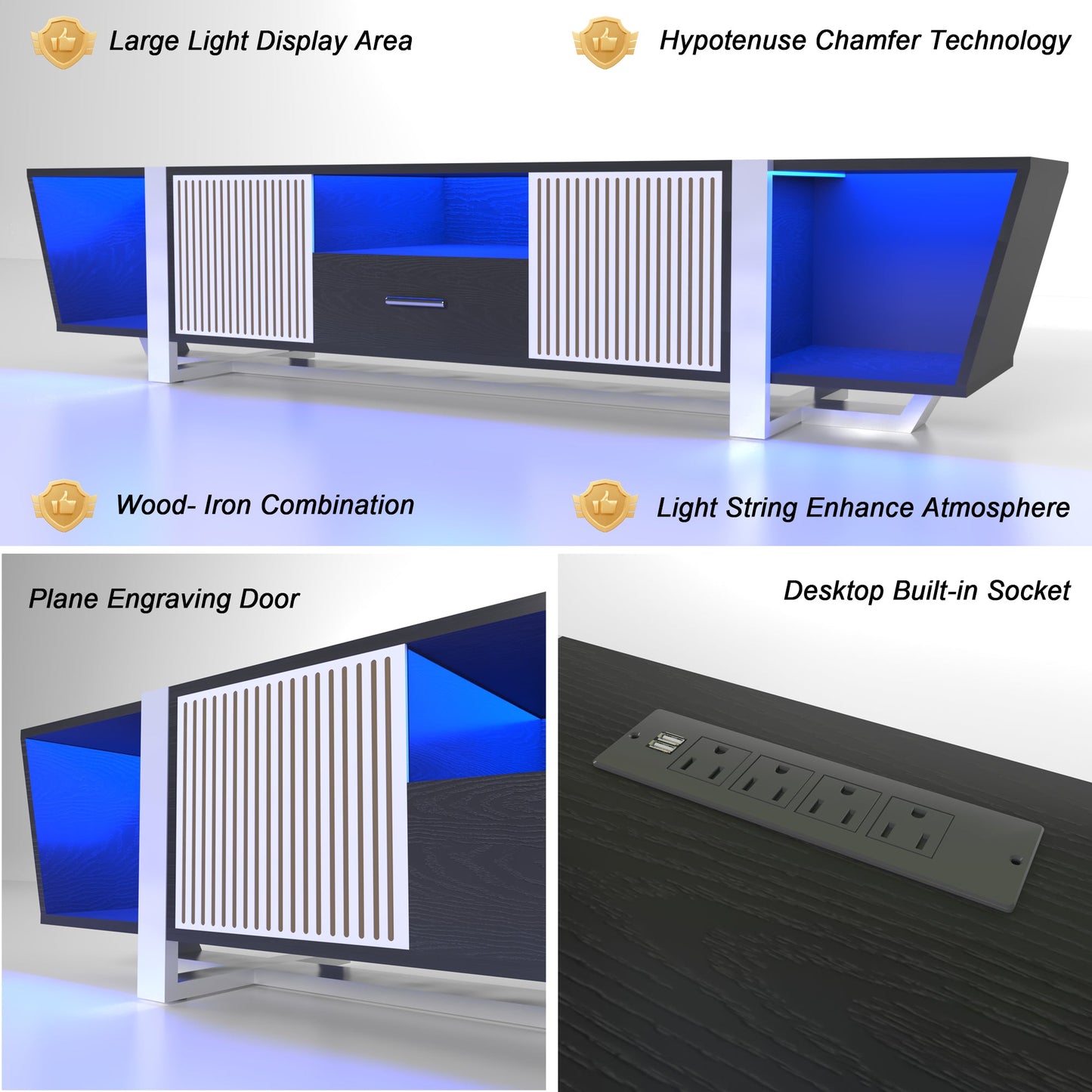 Console TV noire moderne avec rangement et éclairage LED