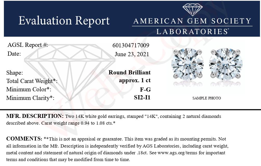 AGS Certified 14K White Gold 1.0 Cttw Diamond Stud Earrings
