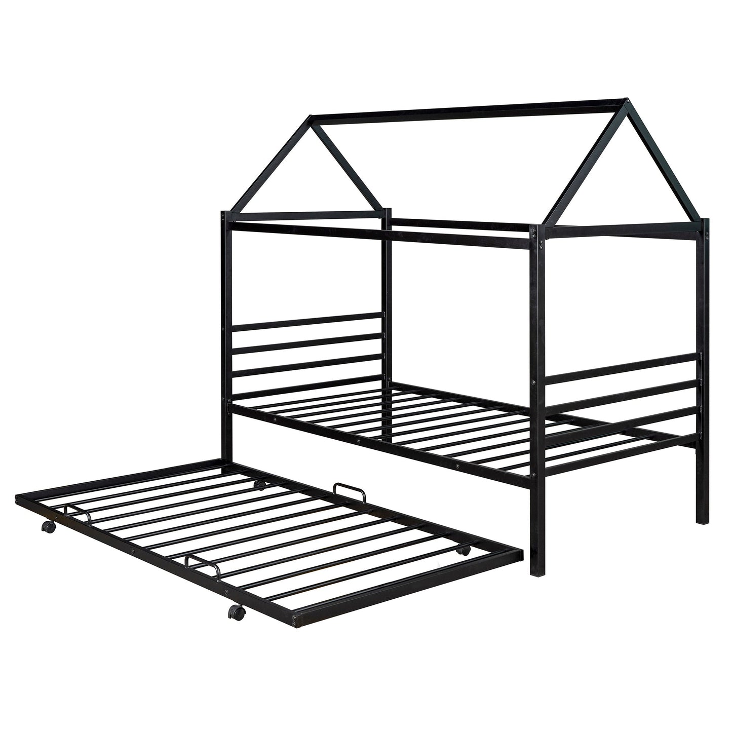 Twin Size Metal House Shape Platform Bed with Trundle - Black