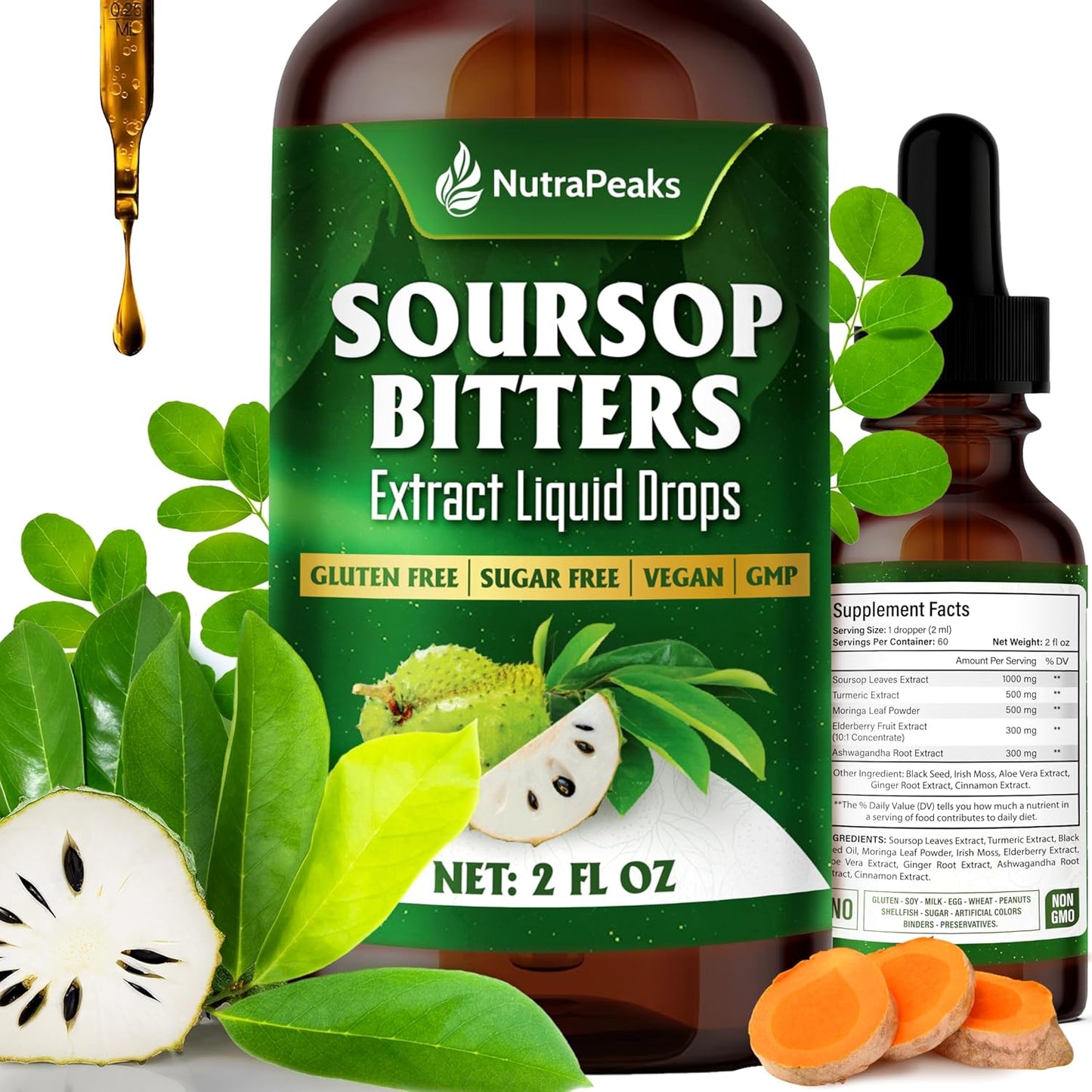 Soursop Bitters Liquid Drops – Premium Herbal Blend with Soursop Leaves, Black Seed, Moringa, Ashwagandha, Senna, Goat Weed & Ginger, 2 fl oz - Korvel