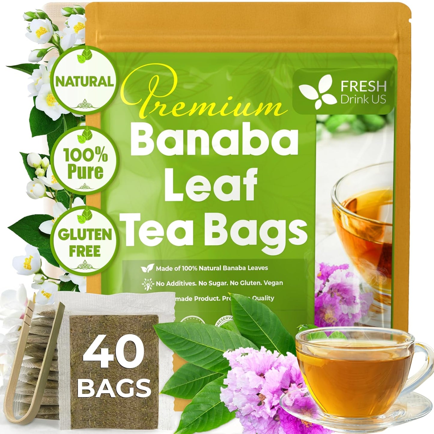 Hojas de banaba secas naturales, bolsitas de té, en polvo, hojas de banaba enteras, hojas de banaba secas 100 % puras, té de hojas de banaba, sin aditivos, sin cafeína, vegano 