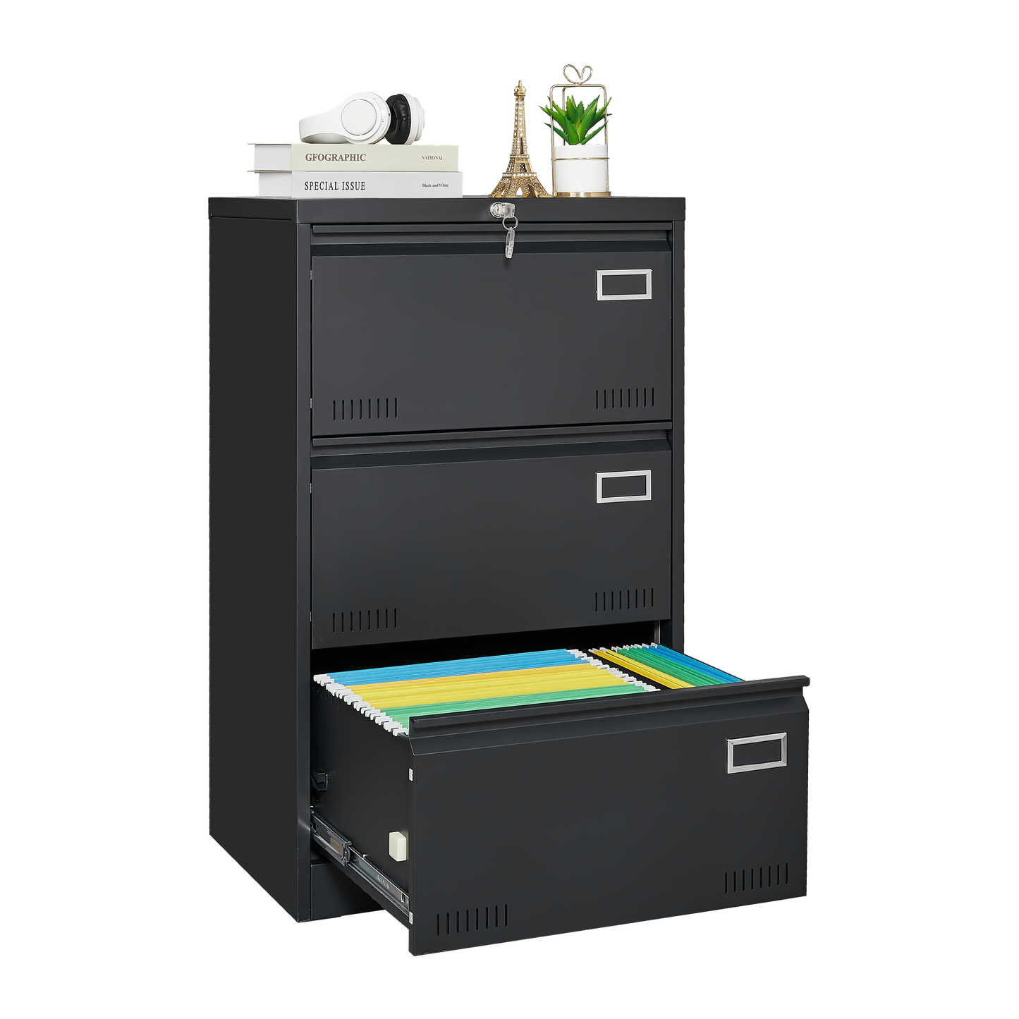 Filing Cabinet Lateral File Cabinet 3 Drawer Blcak Locking Metal File Cabinets Three Drawer - Korvel