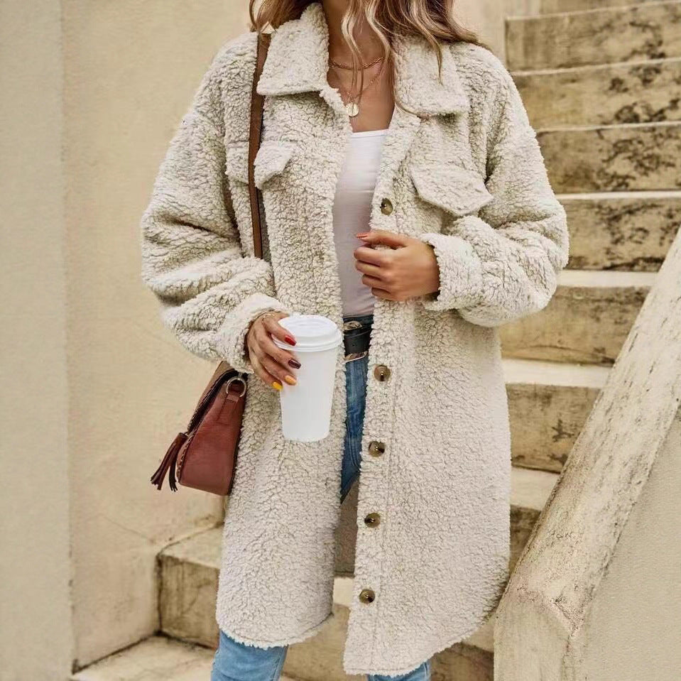 Manteau en fausse fourrure à capuche mi-long en peluche ours pour femmes