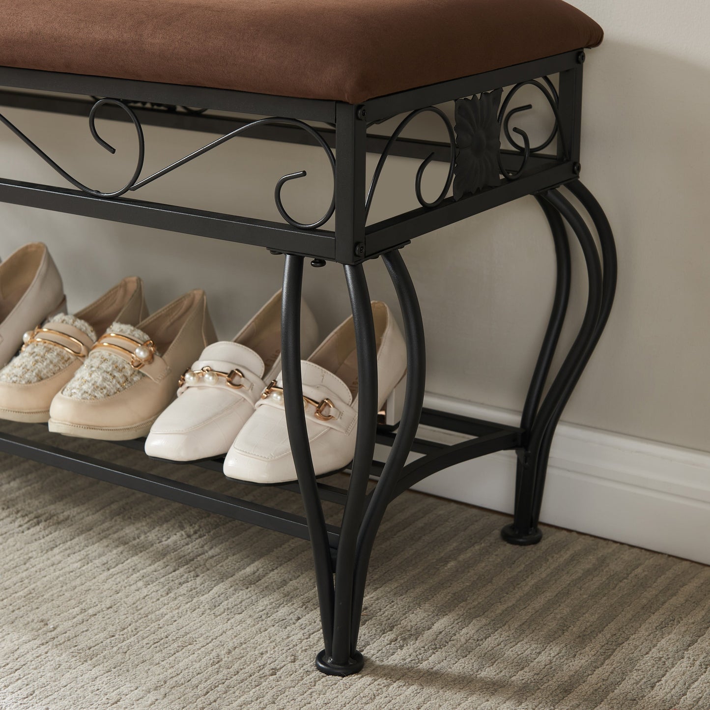 Shoe rack workbench for entrance, industrial workbench, rustic shoe rack for small spaces, padded entrance workbench - Korvel