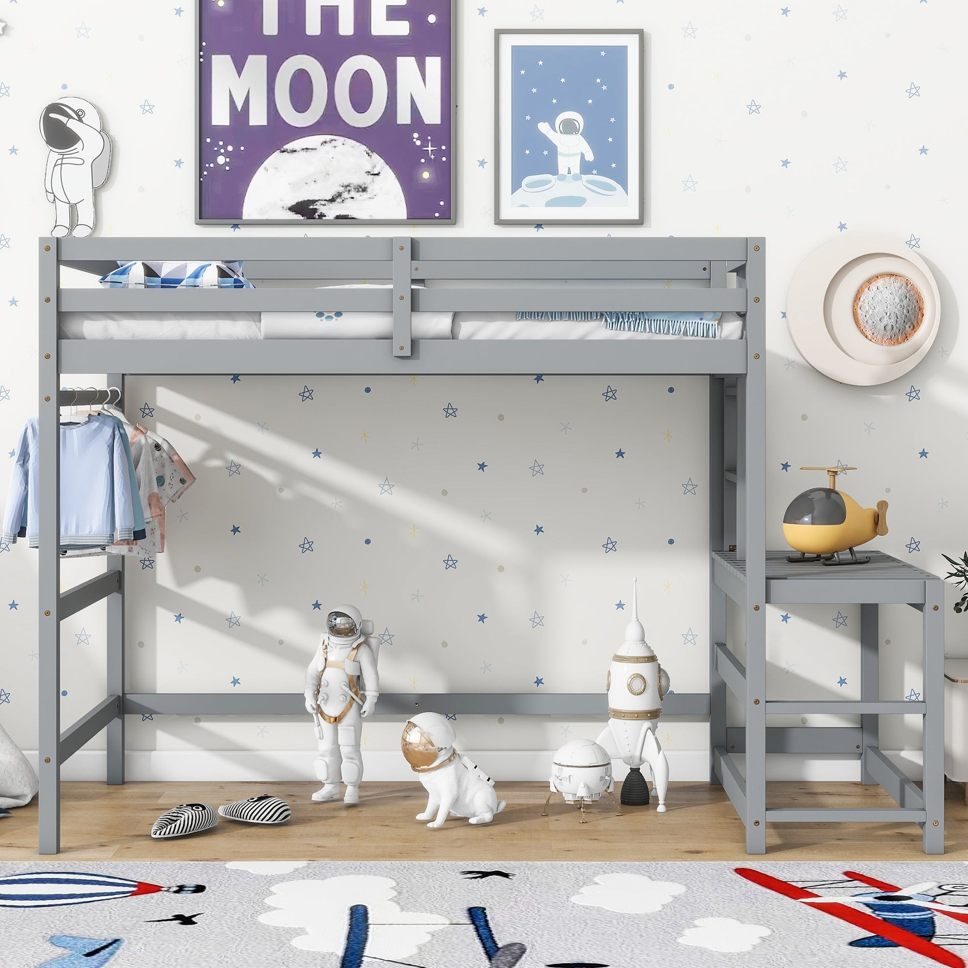 Twin High Loft Bed with Ladder landing Platform, Ladders, Guardrails,Grey - Korvel