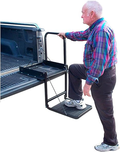 Heavy-Duty Folding Tailgate Step & Seat Platform for Trucks - 300 lbs Capacity - Durable Black Finish - Korvel