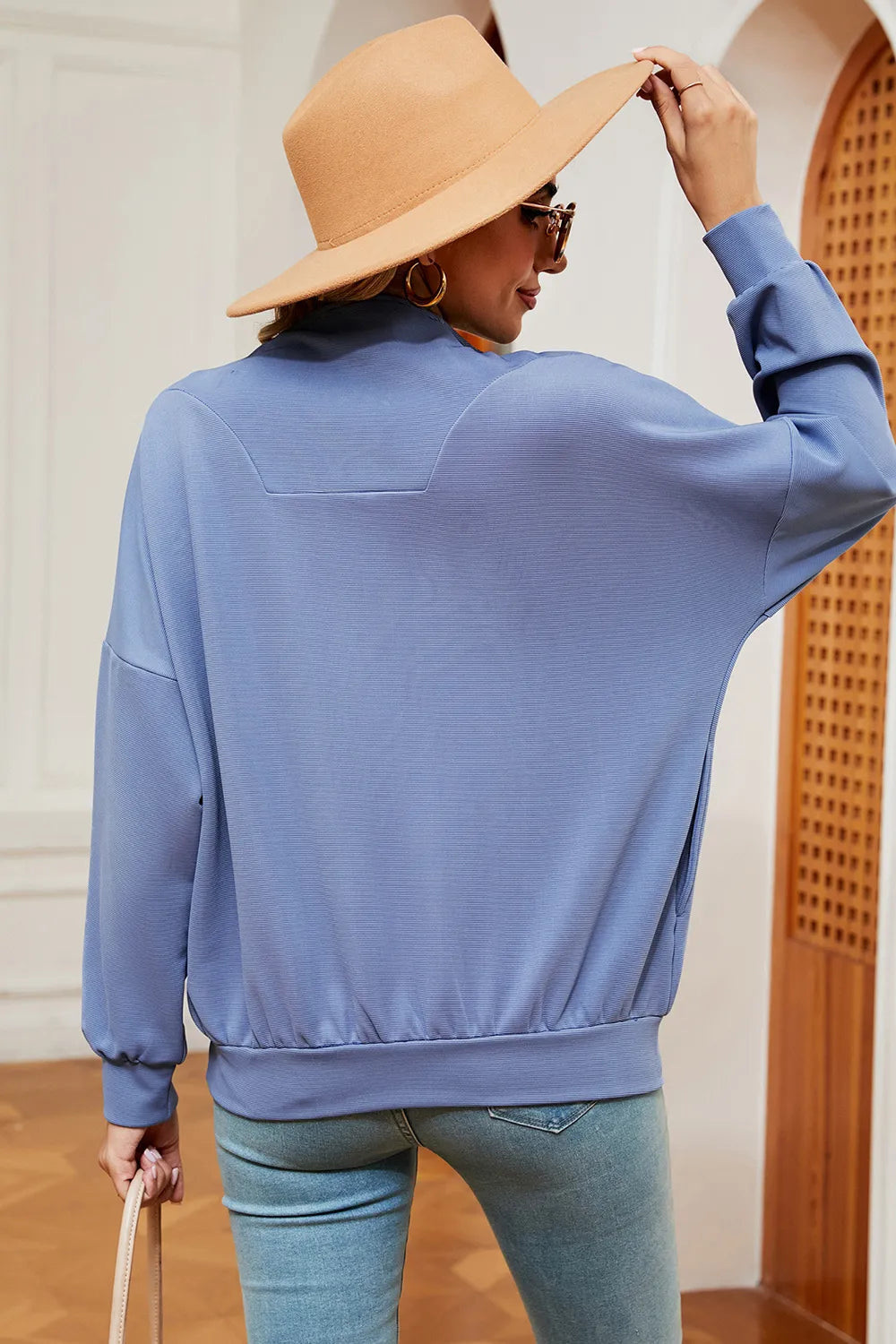Solid Color Zipper Long Sleeve Pullover Sweatshirt for Women