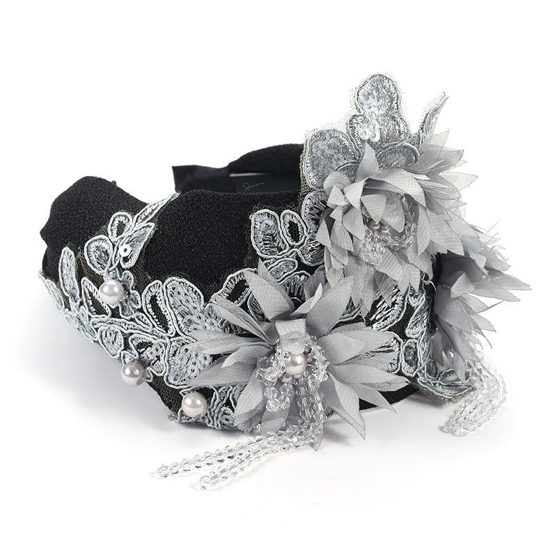 Hand embroidered three-dimensional simulation crystal flower headband pearl headband - Korvel