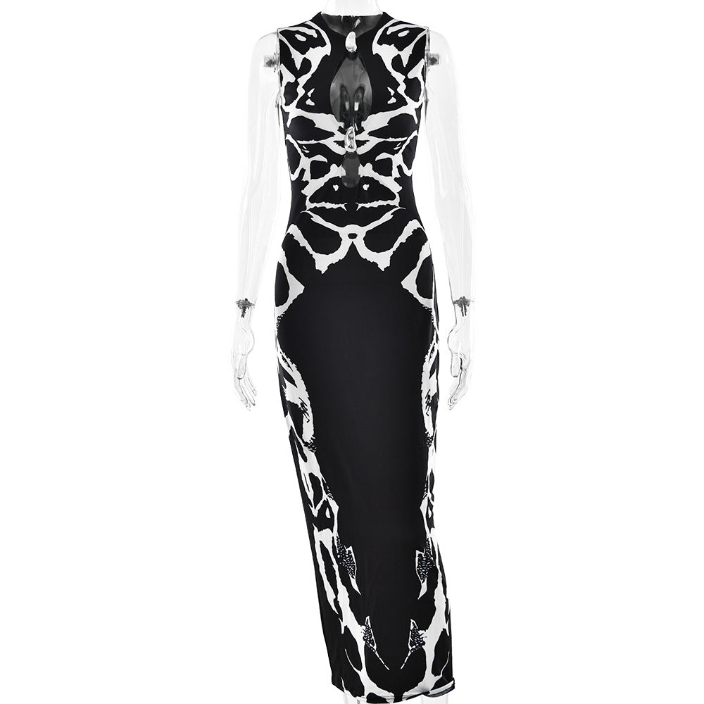 Summer Printed Leopard Pattern Hollow-out Sleeveless Waist-cinched Sexy Dress - Korvel