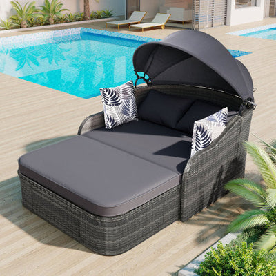GO 79.9" Outdoor Sunbed with Adjustable Canopy, Double lounge, PE Rattan Daybed, Gray Wicker And Cushion - Korvel