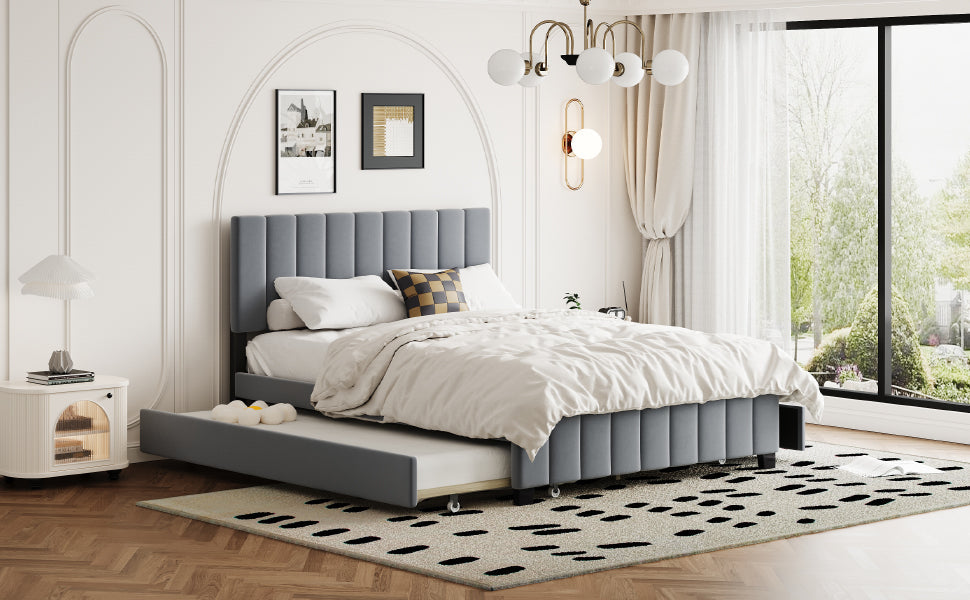 Queen Size Velvet Upholstered Platform Bed with 2 Drawers and 1 Twin XL Trundle- Gray - Korvel