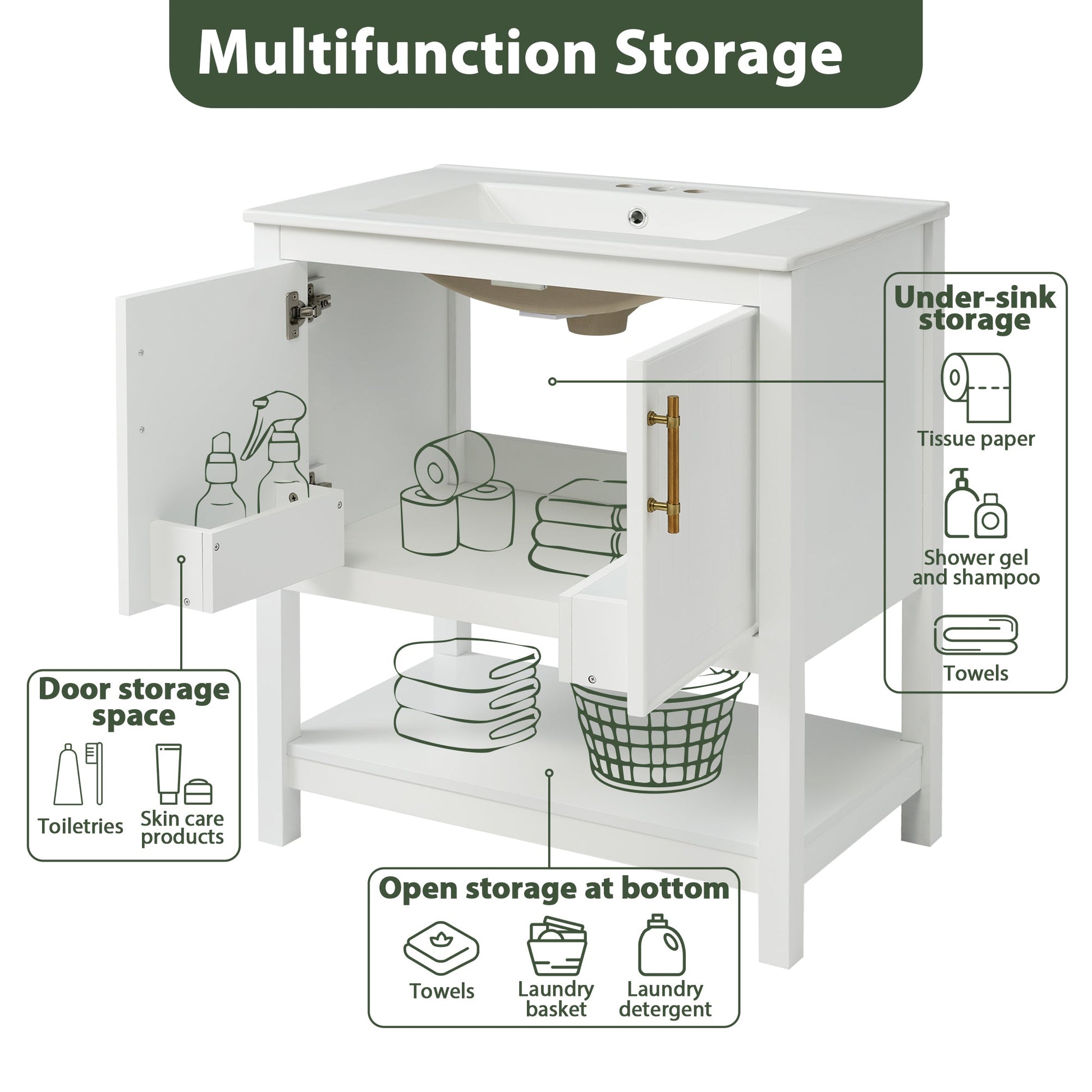 30-Inch White Bathroom Vanity with Ceramic Sink and Versatile Storage - Ideal for Small Bathrooms - Korvel