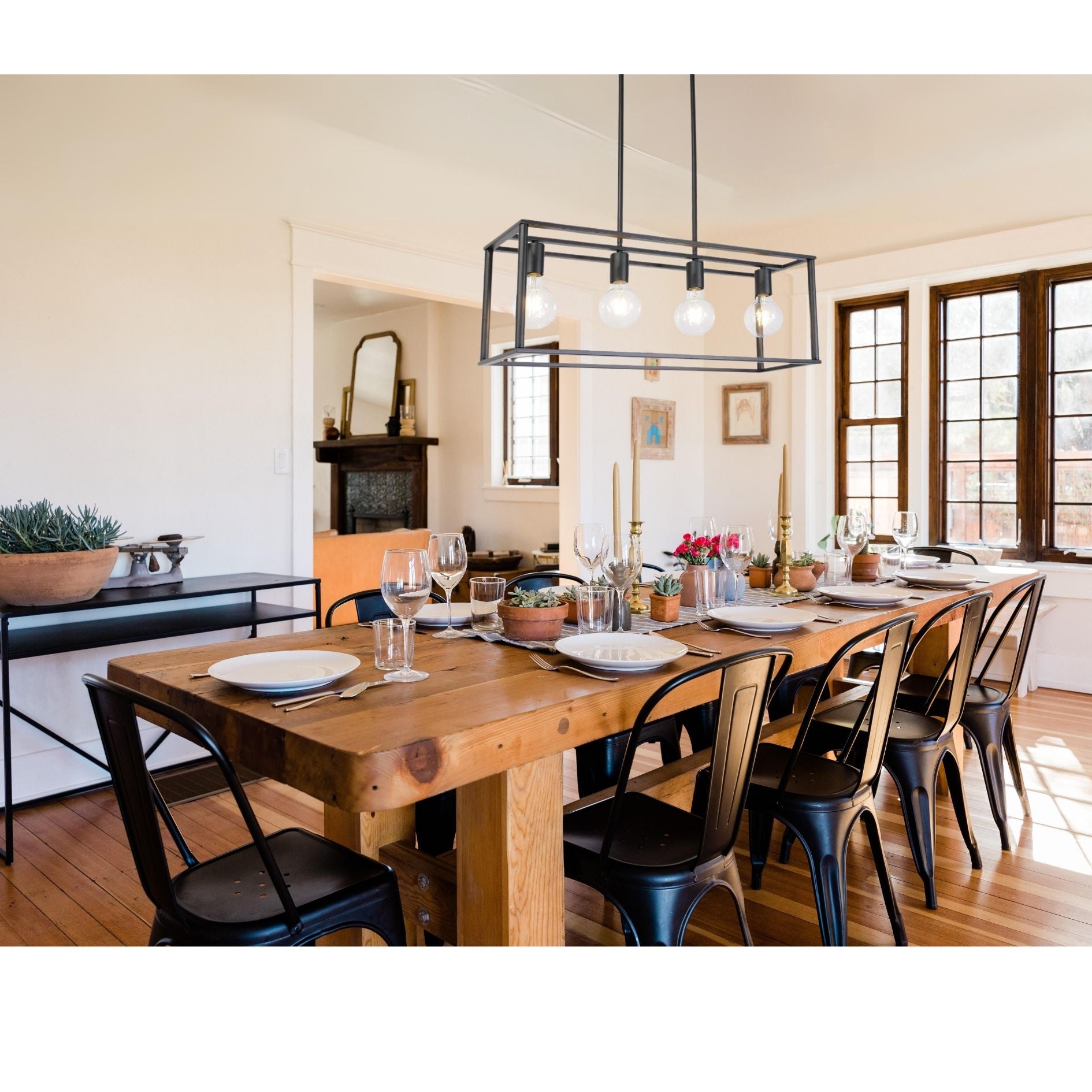 Pendant Lighting 4 Light Industrial Vintage Open Frame Rectangle Chandeliers Modern Black Linear Cage Ceiling Light Fixture - Korvel