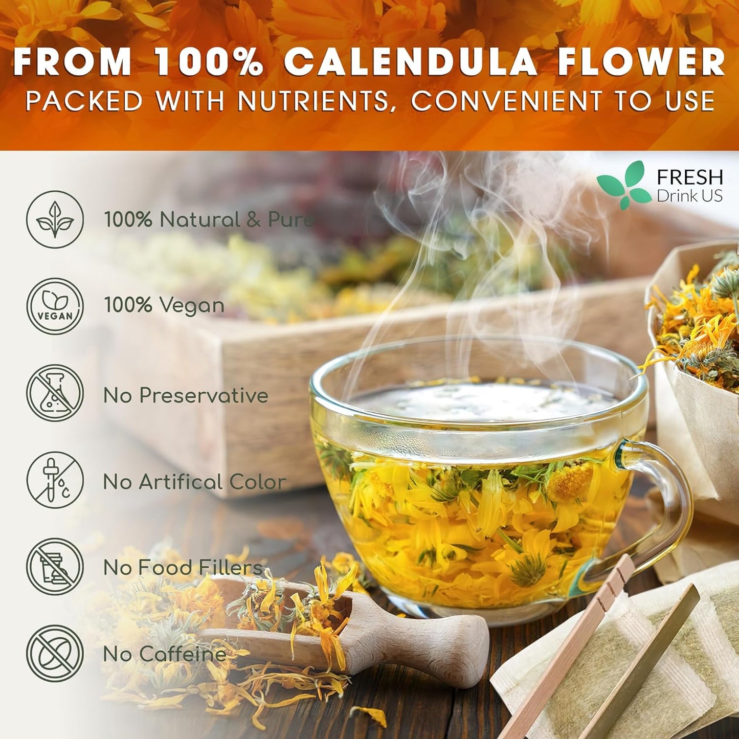 Bolsitas de té de caléndula, flores de caléndula 100 % naturales y puras, ecológicas. Infusión de caléndula. Sin azúcar, sin cafeína, sin gluten, vegana. 