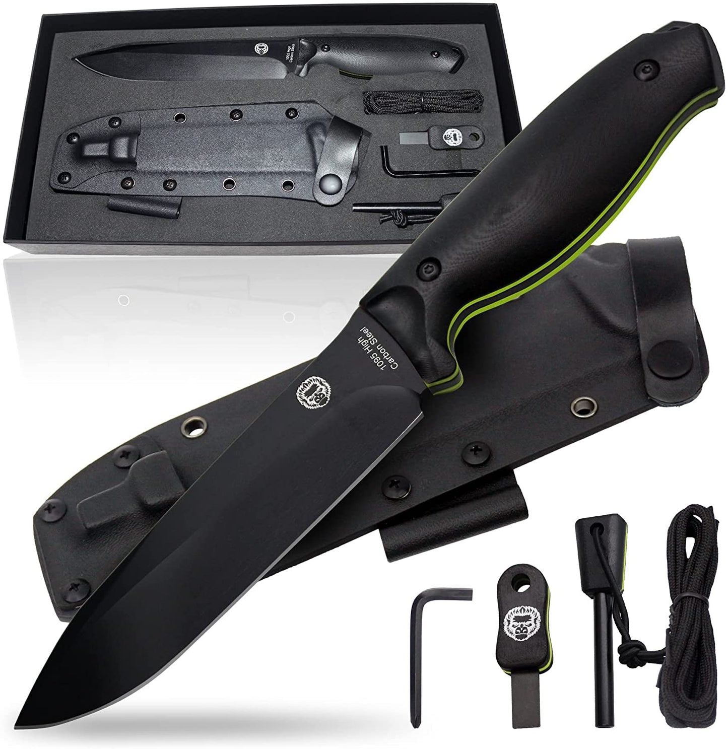 Ultimate Bushcraft Survival Knife Gift Set - The Fireline with 1095 High Carbon Blade (Black/Green) - Korvel