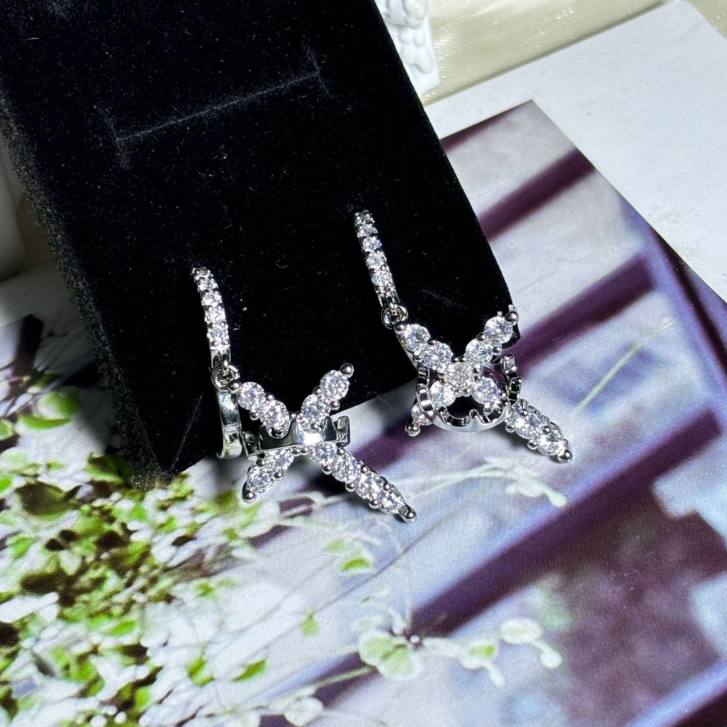 Rotating Crown Cross Earrings Set with Zircon - Korvel