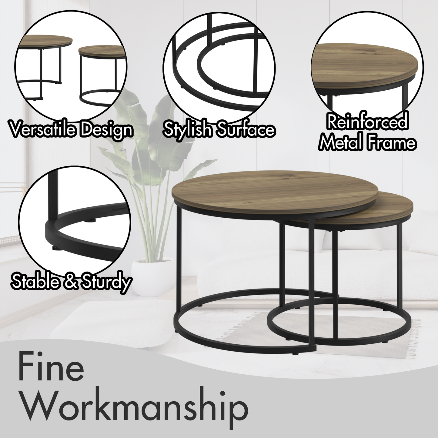 A set of nested coffee tables, 27.6-inch round coffee table, industrial wood veneer, with sturdy metal frame (brown) - Korvel