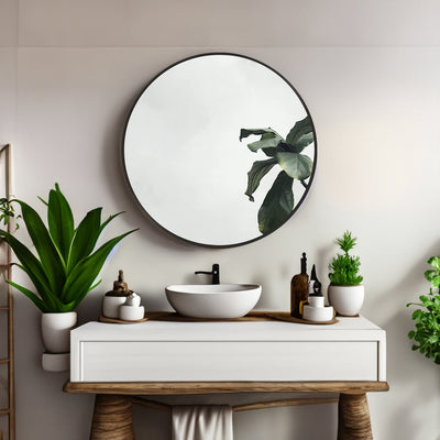 Black 16 Inch Metal Round Bathroom Mirror - Korvel