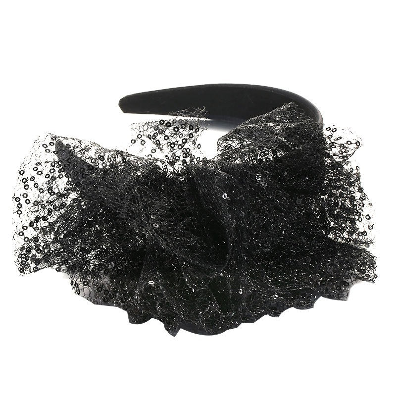 Solid color sequin flower wide edge girl style mesh headband - Korvel