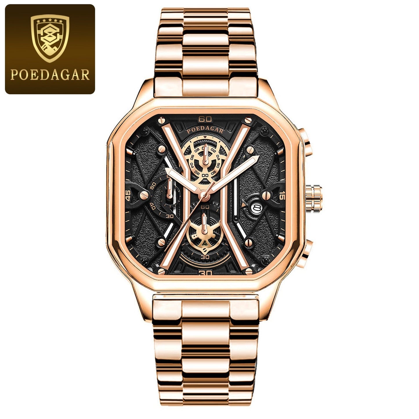 POEDAGAR Fashion Men Luxury Wristwatches Chronograph Luminous Waterproof Date Man Watch Square Dial Leather Quartz Men's Watches - Korvel