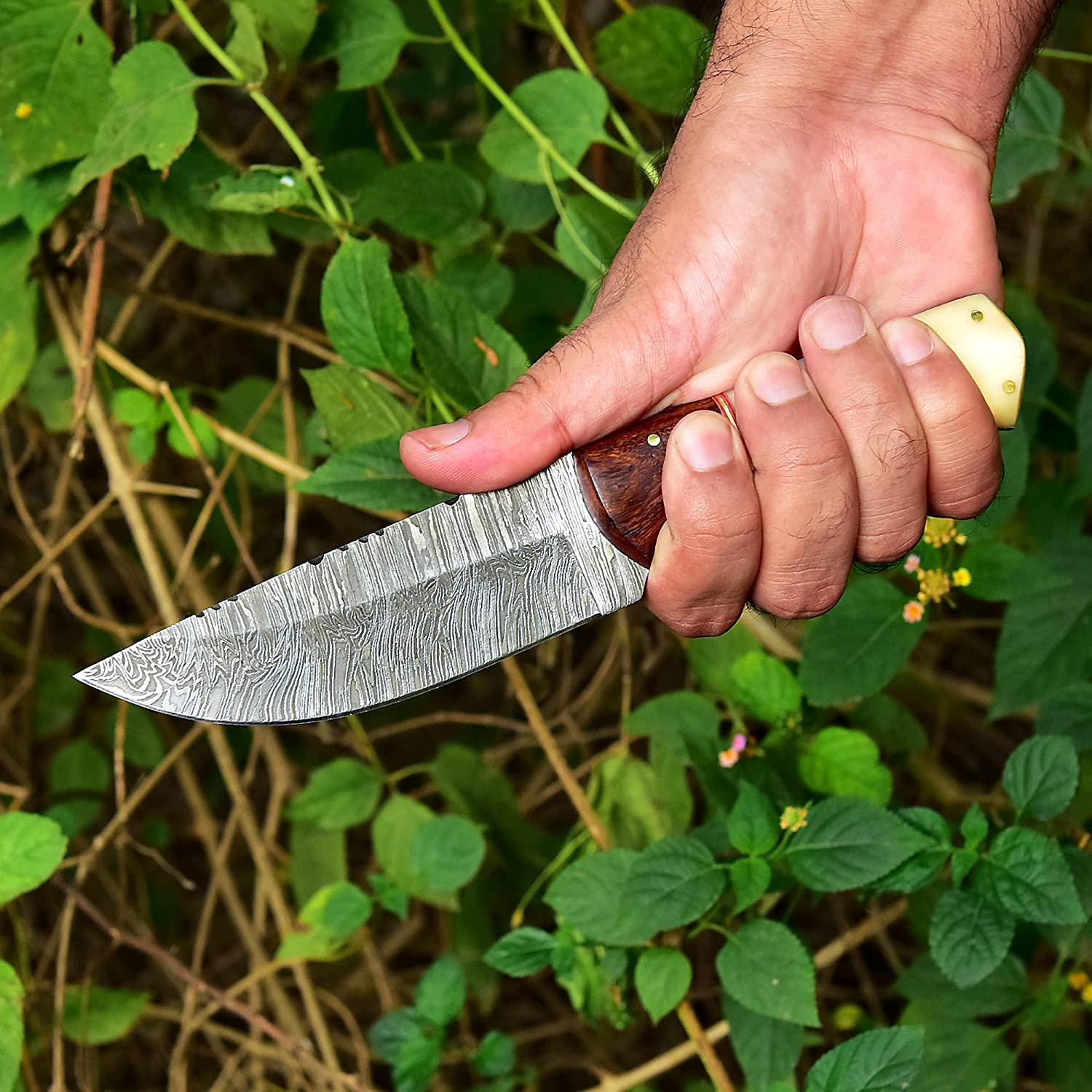 Premium Damascus Skinning Knife with Elegant Bone-Rosewood Handle - Korvel
