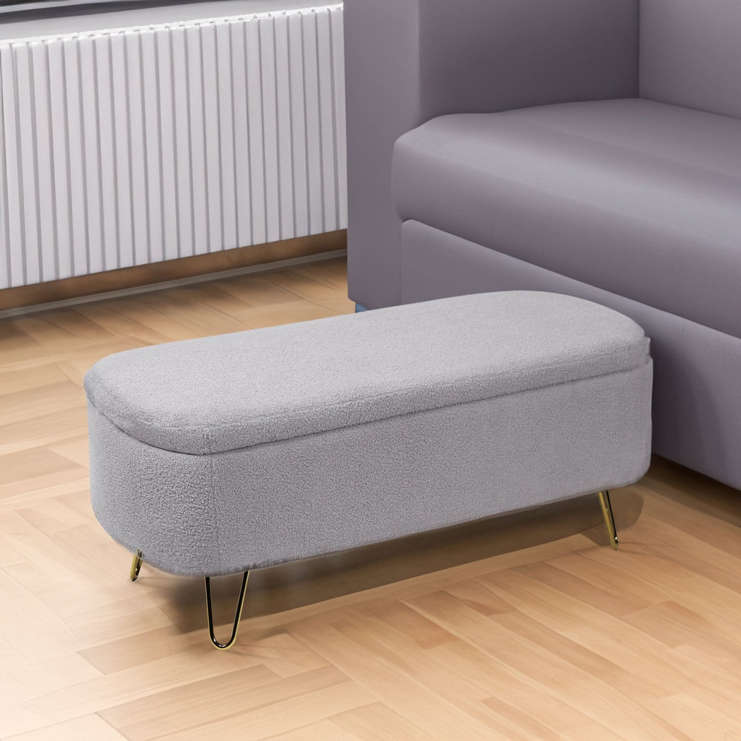 Grey Storage Ottoman Bench for End of Bed Gold Legs Modern Grey Faux Fur Entryway Bench - Korvel